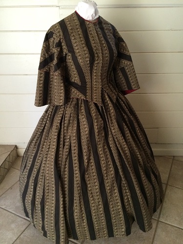 1850s Reproduction Victorian Black and Beige Day Dress Right 3/4 View