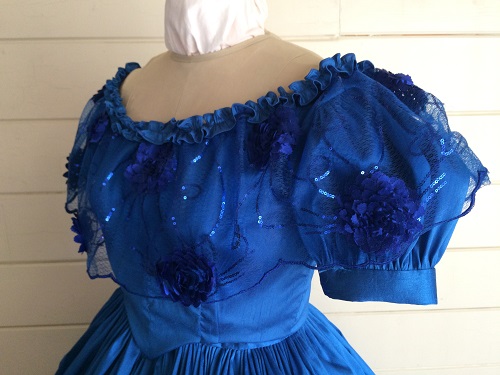 1850s Reproduction Victorian Blue Ballgown Bodice Left 3/4 View