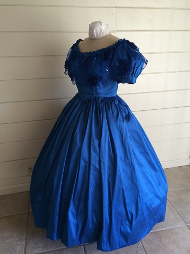 1850s Reproduction Victorian Blue Ballgown Left 3/4 View