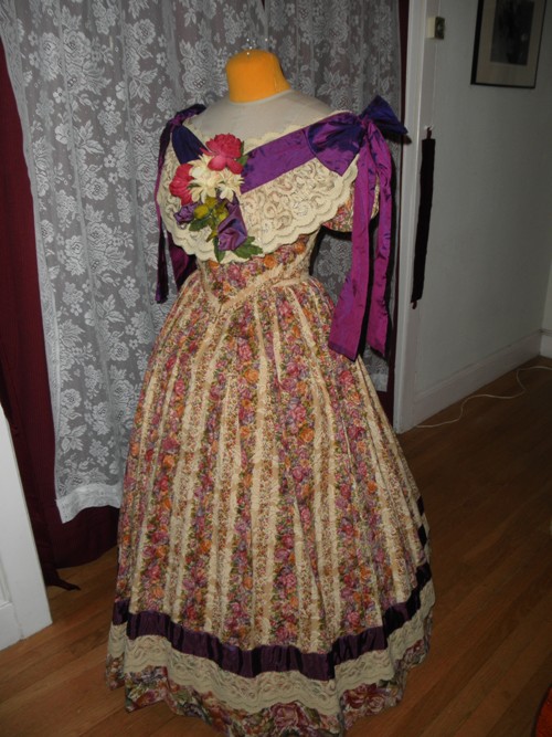 1860s Reproduction Floral Striped Evening Dress quarter view
