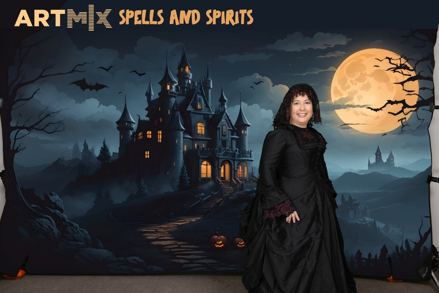 1870s Reproduction Black Watteau Bustle Dress at Crocker Artmix October 2026.  Photo by Dez Vision Photography