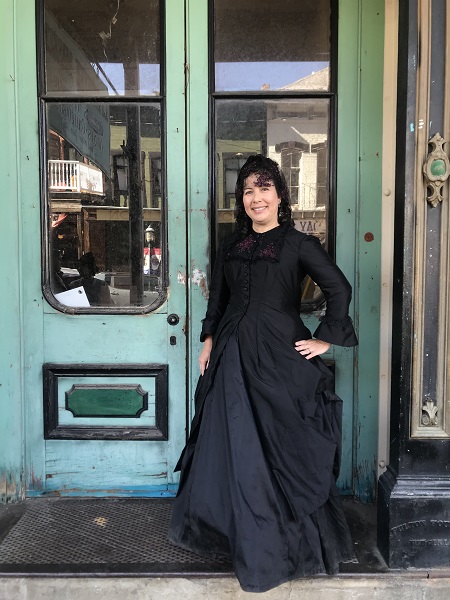 1870s Reproduction Black Watteau Bustle Dress in Virginia City October 2019