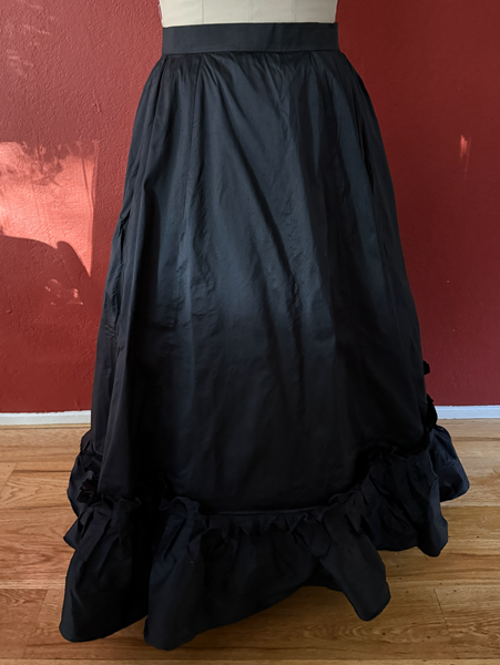 1870s Reproduction Black Watteau Silk Underskirt Front. 