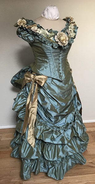 1870s Reproduction Blue Aqua Bustle Dress  Right Quarter View. 