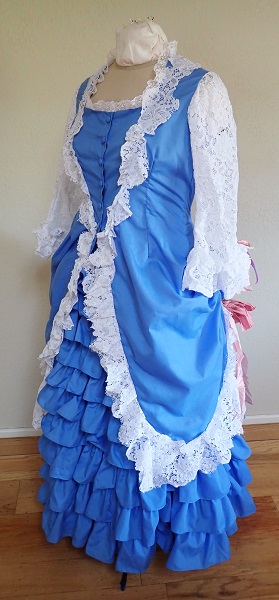 1880s Reproduction Blue Tissot Quiet Bustle Dress Quarter View.