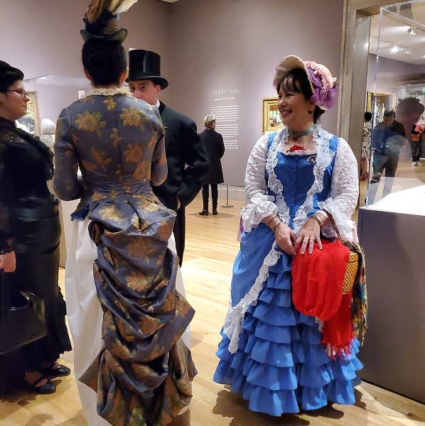 1880s Reproduction Blue Tissot Quiet Bustle Dress at the Legion of Honor February 2020. Photo by Sara McKee