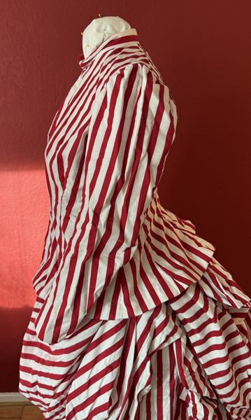 Reproduction 1885 Red Striped Bodice Left.Truly Victorian TV460