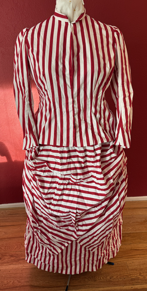 Reproduction 1885 Red Striped Seaside Dress Front.Truly Victorian TV 