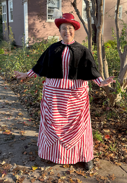 Reproduction 1885 Red Striped Seaside Dress at Shadelands Holiday Tea December 2024. 