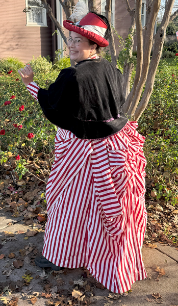 Reproduction 1885 Red Striped Seaside Dress at Shadelands Holiday Tea December 2024. 