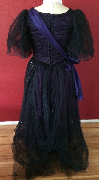 1890s Reproduction Black Tulle Ball Gown Dress trimmed with purple Back.