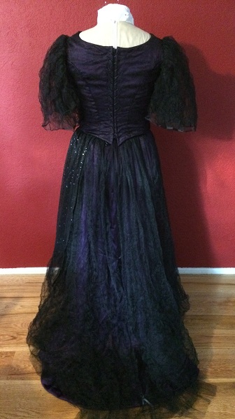 1890s Reproduction Black Tulle Ball Gown Dress  with Train Back.