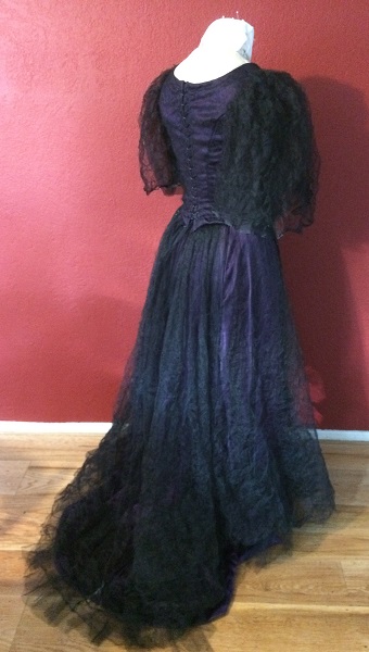 1890s Reproduction Black Tulle Ball Gown Dress with Train Back Right Quarter View.