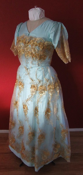 1890-1900s Reproduction Light Blue Ball Gown Dress Left Quarter View. Laughing Moon #101 and #103.