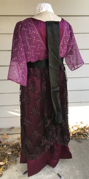 Reproduction 1910s Evening Dress Back Left Quarter View - Burgundy Silk. Laughing Moon #104
