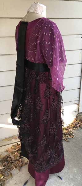 Reproduction 1910s Evening Dress Back Right Quarter View - Burgundy Silk. Laughing Moon #104