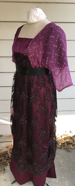 Reproduction 1910s Evening Dress Left Quarter View - Burgundy Silk. Laughing Moon #104