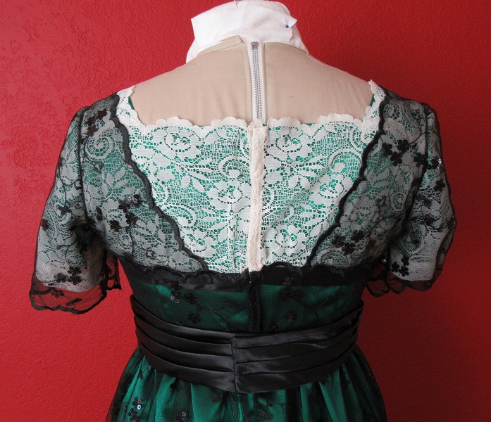 Reproduction 1910s Evening Bodice Back - Green with ivory lace and black net overlay. Butterick B6190