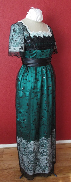 Reproduction 1910s Evening Dress Right Quarter View - Green with ivory lace and black net overlay. Butterick B6190