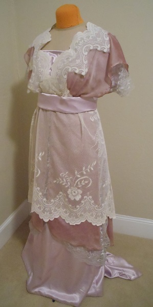 Reproduction 1910s Evening Dress Left Quarter View - Lavender and Lace. Laughing Moon #104