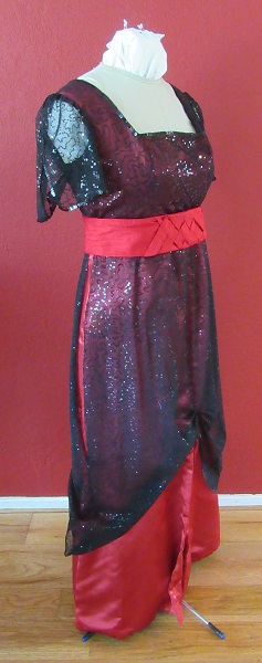 Reproduction 1910s Evening Dress Right Quarter - Red and Black. Laughing Moon #104