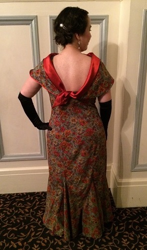 1934 reproduction floral rust print evening gown back