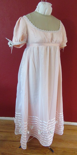 Regency Peach with White Sheer Ball Gown  Right Quarter View. La Mode Bagatelle Regency Wardrobe