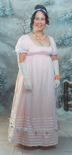 Reproduction Peach Regency Ball Gown. La Mode Bagatelle, Regency Wardrobe. Photograph by Nicholas Burlett.