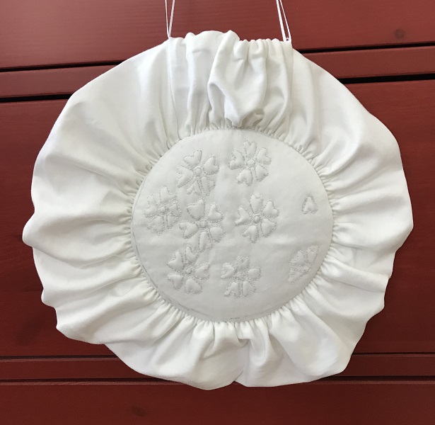 Reproduction White Cotton Round Reticule Detail Back. 