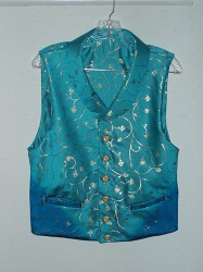 Reproduction Blue polyester satin waistcoat with gold pattern and buttons, back buckle, two front welts.