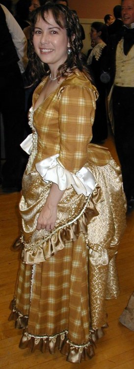 gold plaid bustle dress