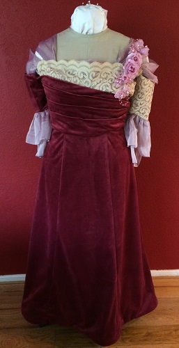 1900s Reproduction Raspberry Velvet Ball Gown Dress Front. 
