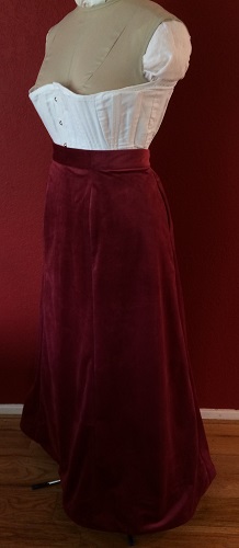 1900s Reproduction Raspberry Velvet Ball Gown Skirt Left Quarter View.