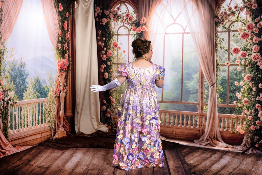 Regency Bridgerton Flowered Ballgown at Costume College 2024. 			 Simplicity S9502 . Photo by Mark Edwards Photographer.  